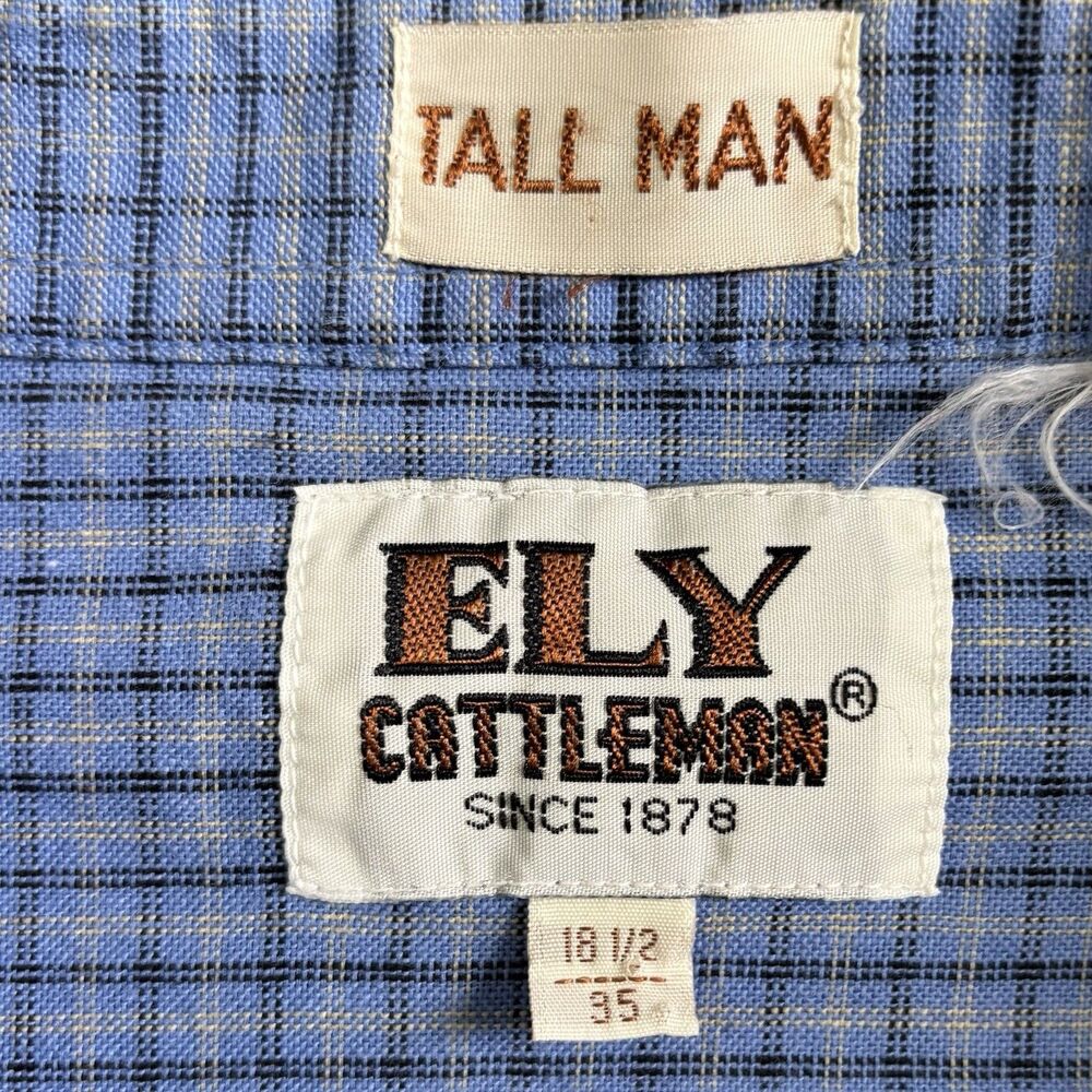 Ely Cattleman Blue Plaid Western Shirt Men's Size 18.5-35 T Pearl Snaps Vintage - Picture 5 of 10